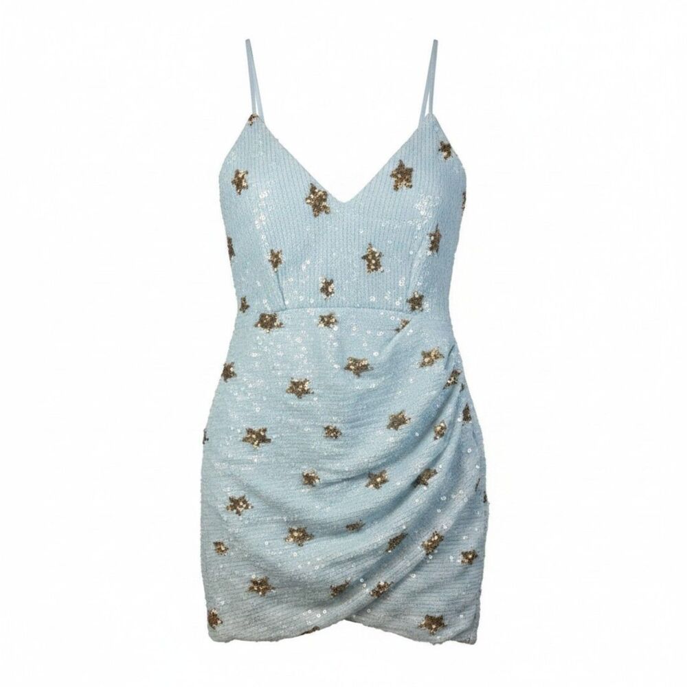 Superdown Sequin Star Bodycon Mini Dress V-Neck Spaghetti Straps XS Blue